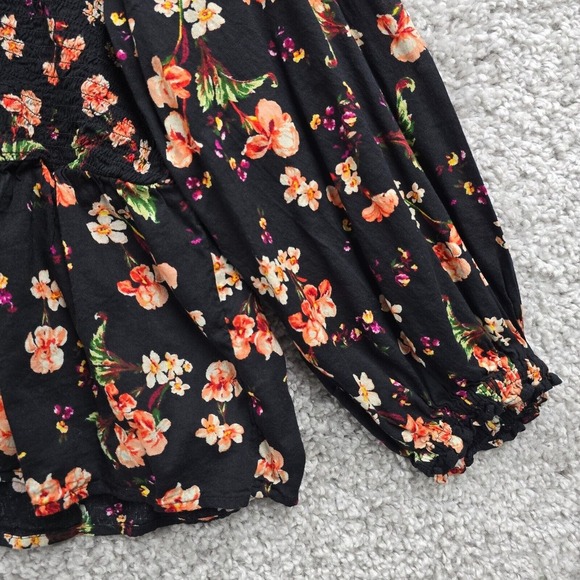 Old Navy Shirt Womens 3X Black Floral Smocked Puff Sleeves Dark Cottage Peasant - Picture 2 of 11